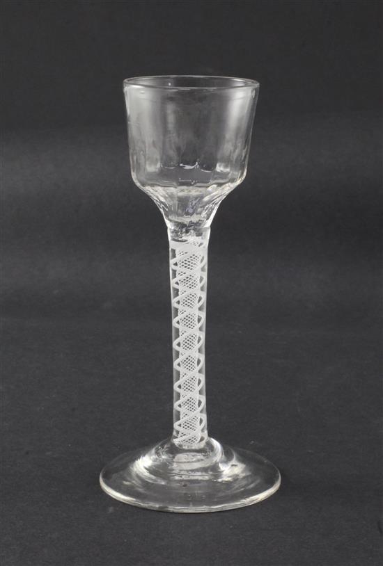 A double series opaque twist stem cordial glass, c.1760, 15cm